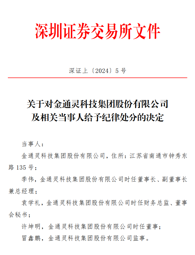 关于对金通灵科技集团股份有限公司 及相关当事人给予纪律处分的决定