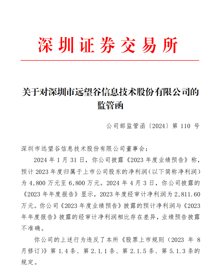 深交所关于对深圳市远望谷信息技术股份有限公司的 监管函