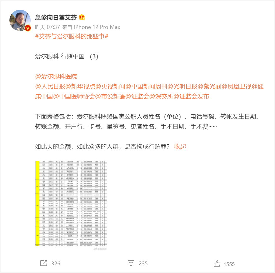 爱尔眼科陷回扣风波：艾芬微博晒回扣流水，涉事医院高管称当地纪委早已调查处理