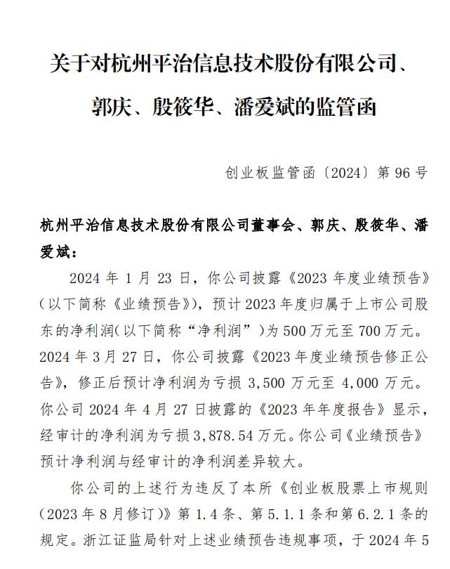 深交所关于对杭州平治信息技术股份有限公司、 郭庆、殷筱华、潘爱斌的监管函