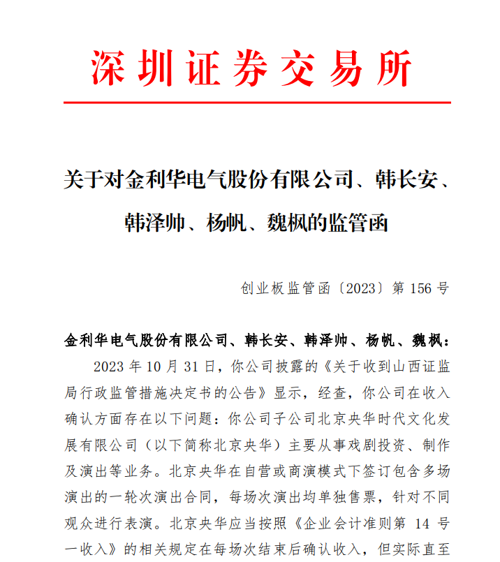 关于对金利华电气股份有限公司、韩长安、 韩泽帅、杨帆、魏枫的监管函