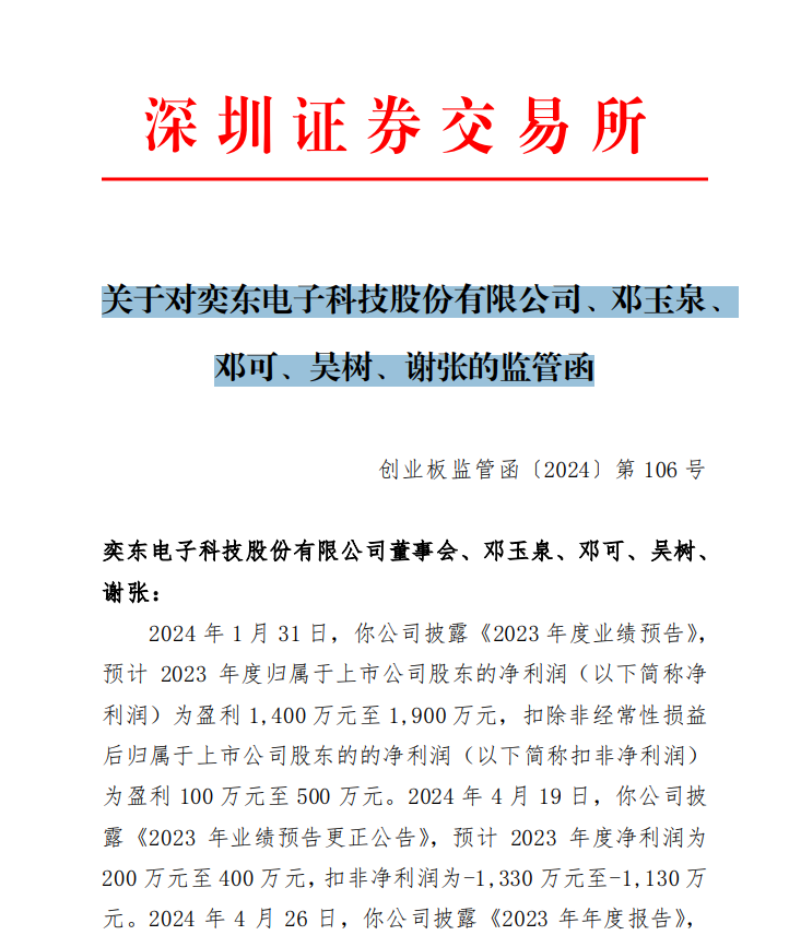 关于对奕东电子科技股份有限公司、邓玉泉、 邓可、吴树、谢张的监管函