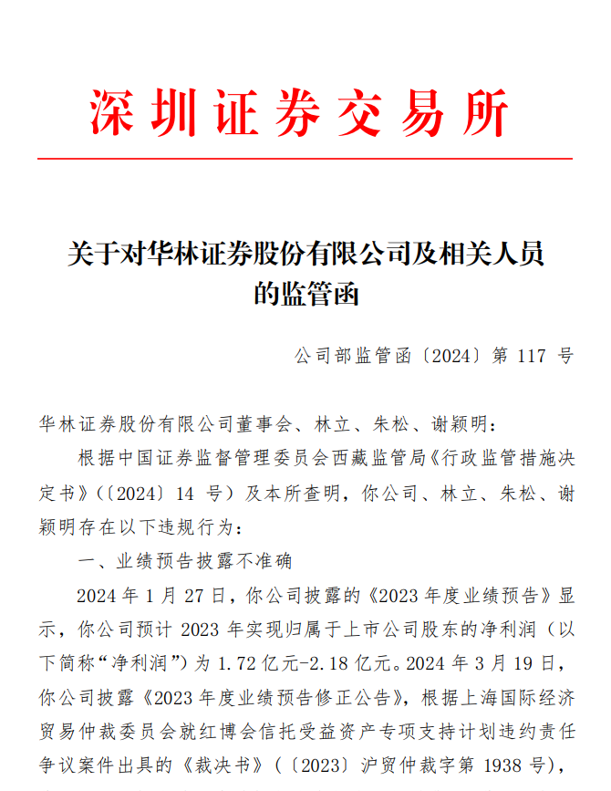 深交所关于对华林证券股份有限公司及相关人员 的监管函