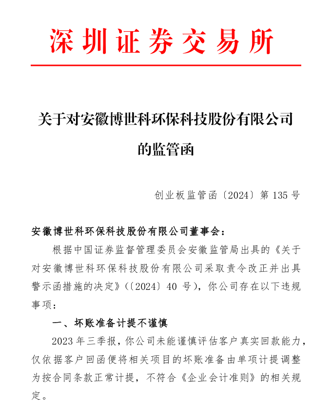 深交所关于对安徽博世科环保科技股份有限公司 的监管函