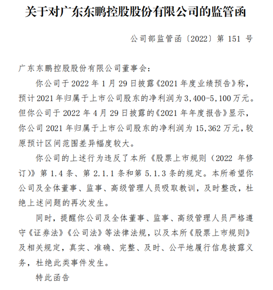 年度净利润较原预计区间“提升”一亿 东鹏控股收深交所监管函