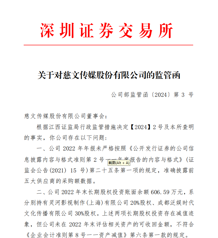 深交所发出关于对慈文传媒股份有限公司的监管函