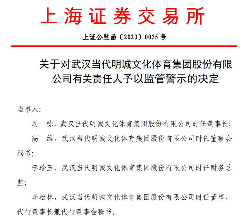 上交所发出关于对武汉当代明诚文化体育集团股份有限公司有关责任人予以监管警示的决定