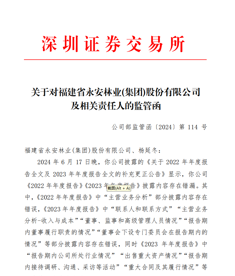 深交所关于对福建省永安林业(集团)股份有限公司 及相关责任人的监管函