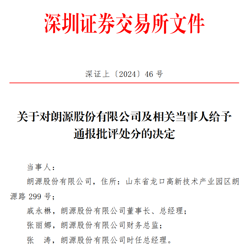 关于对朗源股份有限公司及相关当事人给予 通报批评处分的决定