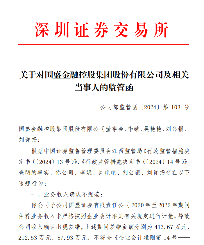 深交所关于对国盛金融控股集团股份有限公司及相关 当事人的监管函