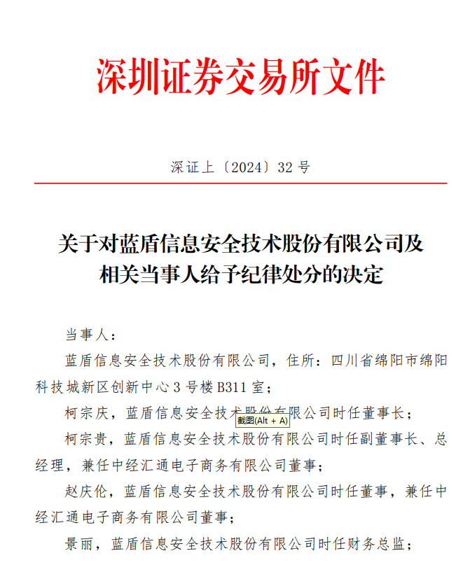 深交所关于对蓝盾信息安全技术股份有限公司及 相关当事人给予纪律处分的决定