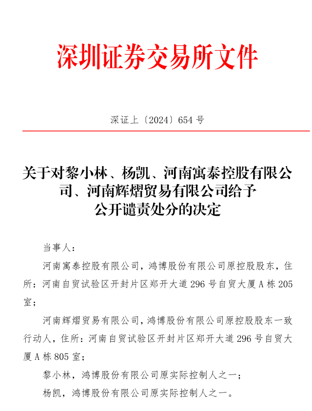 深交所关于对黎小林、杨凯、河南寓泰控股有限公 司、河南辉熠贸易有限公司给予  公开谴责处分的决定