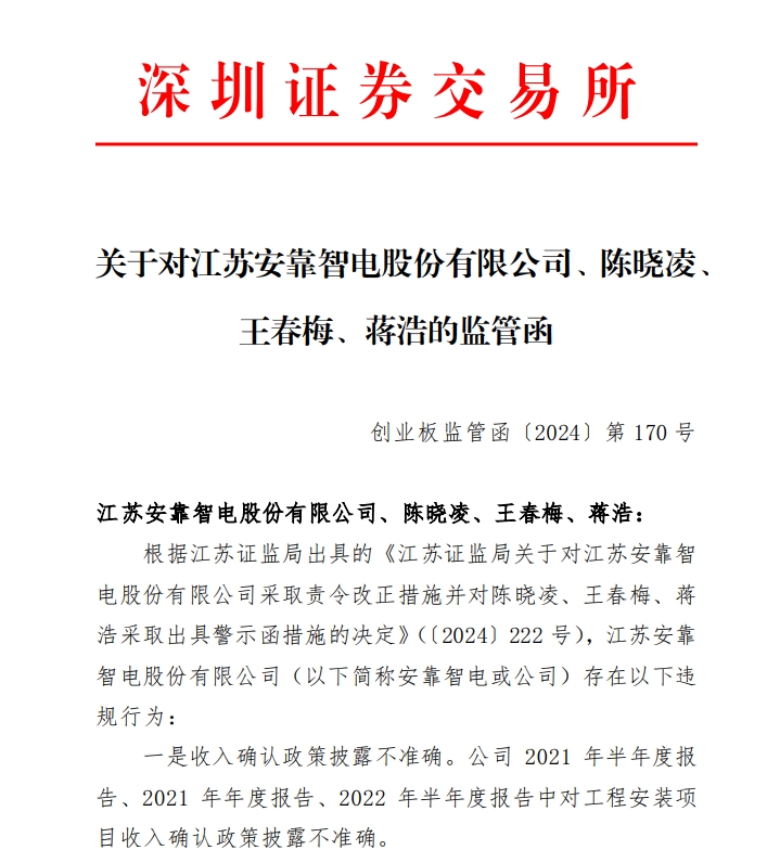 深交所关于对江苏安靠智电股份有限公司、陈晓凌、 王春梅、蒋浩的监管函