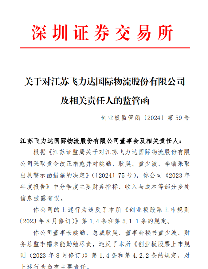 深交所关于对江苏飞力达国际物流股份有限公司 及相关责任人的监管函